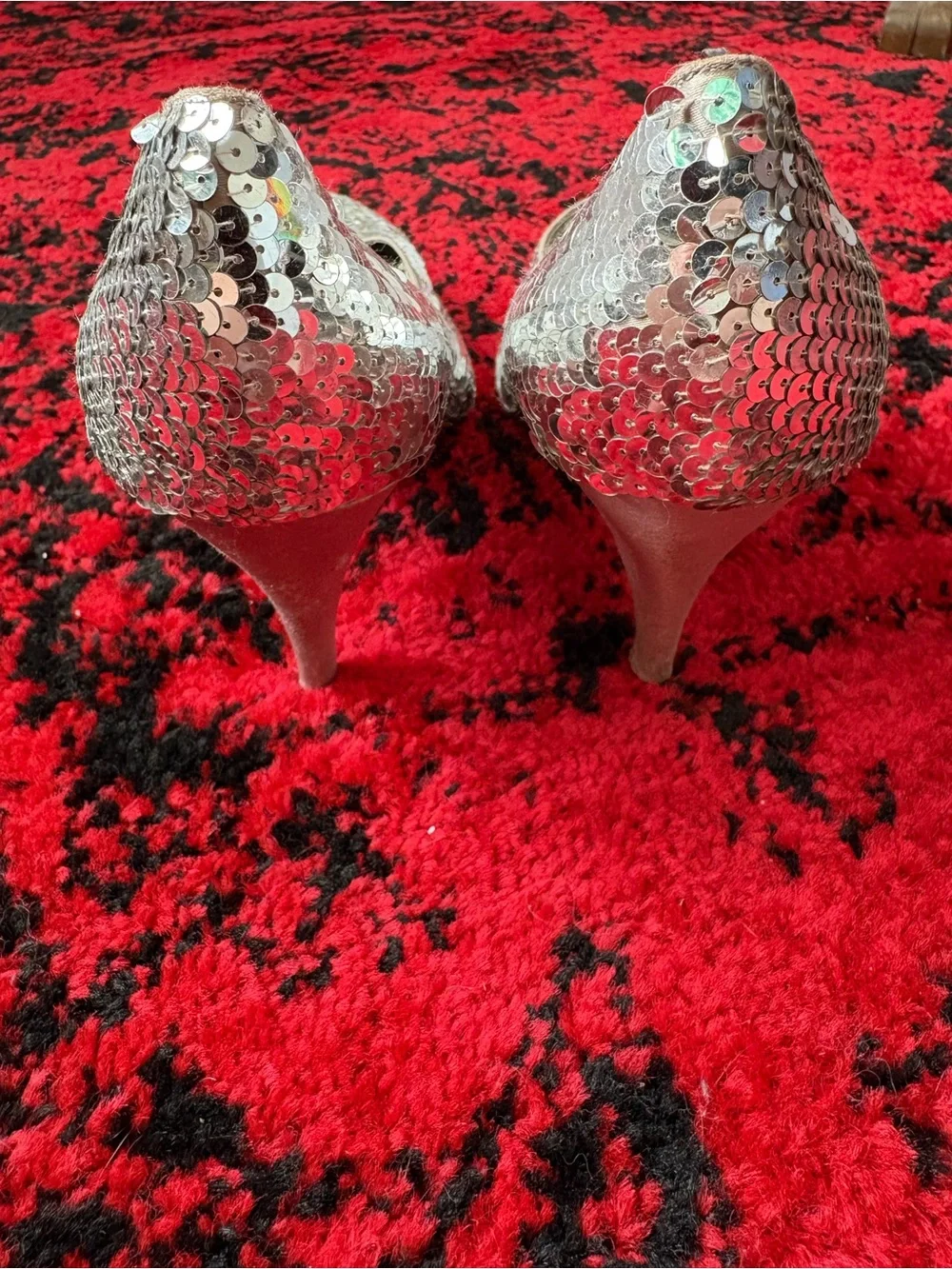 Silver Sequin Pointed-Toe Heels